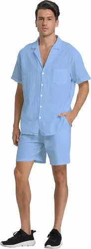 Vista 35 de RPOVIG Conjunto corto de camisa de lino: conjunto casual de 2 piezas con botones para hombre