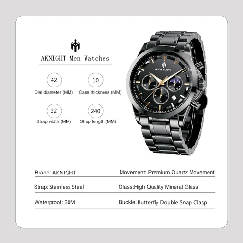 Vista 3 de AKNIGHT Men Watch Watch for Men Chronograph Analog Quartz Wristwatches Waterproof Wrist Watches Fashion Business Classic Watch, Easy Read Dress