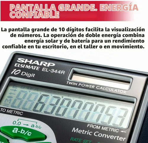 Vista 4 de Sharp EL344RB Calculadora de 10 dígitos con puntuación, convertidor métrico, pantalla LCD alimentada por energía solar, calculadora de bolsillo