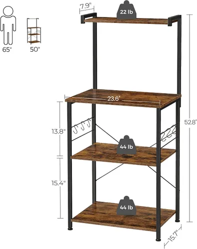 Vista 3 de VASAGLE Almacenamiento de cocina, estante para panaderos, barra de café, estante de 3 niveles, 6 ganchos en S, para microondas, tarros de especias