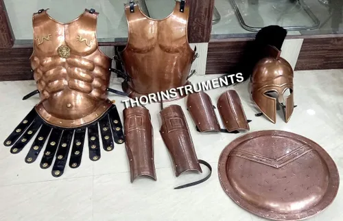 Vista 2 de Armadura medieval casco griego corintio con chaqueta muscular piernas protector de brazos disfraz de decoración de Halloween