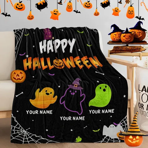 Vista 5 de Manta de Halloween personalizada con nombre, mantas de Halloween personalizadas para niños, Halloween personalizada para niños y niñas, bonita manta