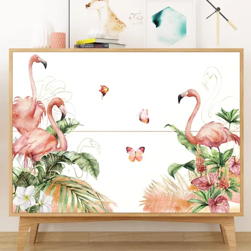 Vista 7 de RW-C328 Calcomanías de pared de flamenco rosa, plantas verdes tropicales, flores, calcomanías de pared para bricolaje, flamenco, floral, mariposa
