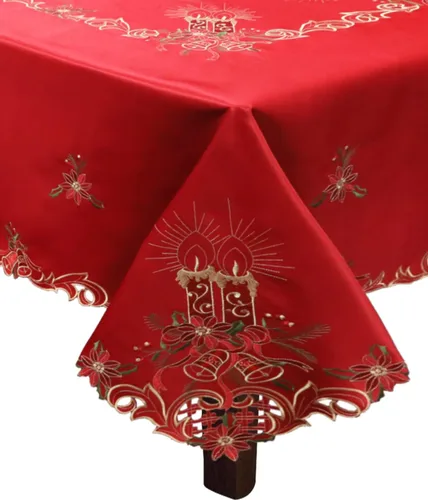 Vista 2 de Creative Linens Mantel Navideño Bordado con Flor de Pascua Vela Campana 70x90 Rectangular con 8 Servilletas ROJO Dorado