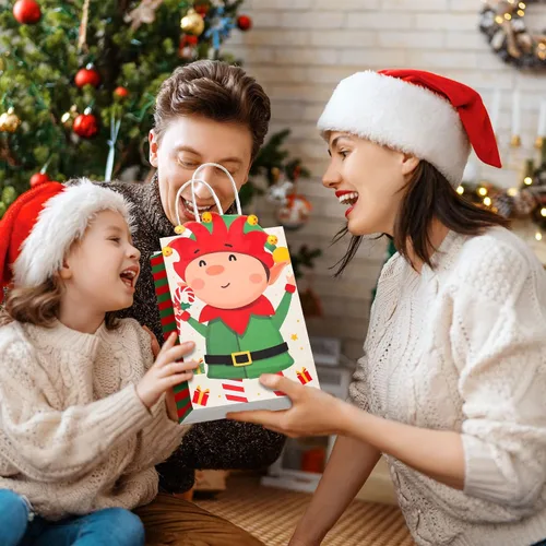 Vista 5 de Funrous - 18 paquetes de 36 bolsas de regalo de Navidad - 6 diseños - bolsas de papel kraft de Navidad - regalos de Navidad con asas para aperitivos