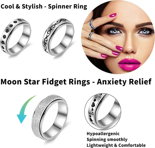 Vista 2 de Juego de 9 anillos giratorios de acero inoxidable multiestilo para mujeres y hombres anillos antiestrés para la ansiedad para mujeres anillos
