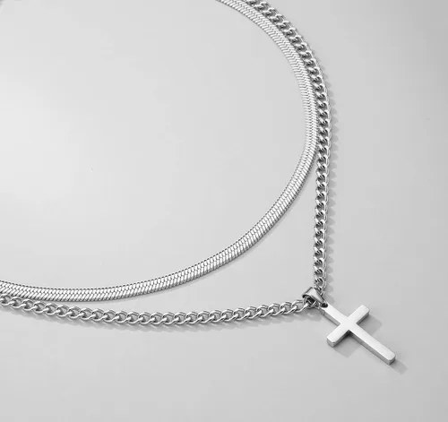 Vista 4 de Collar de cruz para hombres y niños, de acero inoxidable en capas, cadena de espiga cubana, colgante de cruz religiosa, joyería de moda, regalos