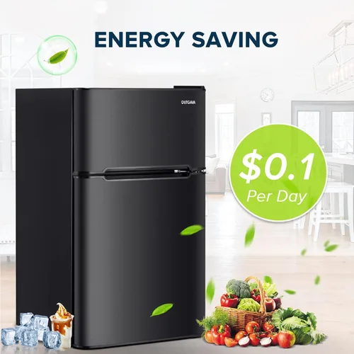 Vista 8 de Mini refrigerador de doble puerta con congelador de 3.2 pies cúbicos, mini refrigerador compacto con termostato ajustable y puerta reversible