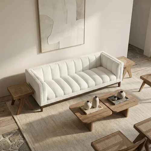 Vista 12 de Sofá curvado compacto de 69 pulgadas para espacios pequeños y apartamentos, sofá boucle de estilo japonés, sofá minimalista de 2 plazas con marco