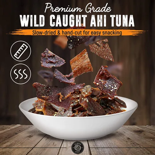 Vista 3 de Kaimana Cecina de atún Ahi silvestre capturada en la naturaleza, sal de limón, rica en omega-3 y alta en proteínas, cecina de pescado totalmente