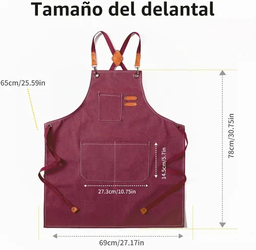 Vista 2 de Tosewever - Delantal de lona con espalda cruzada de chef de algodón para hombres y mujeres con bolsillos grandes Rojo oscuro