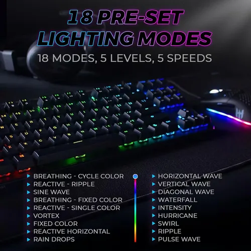 Vista 8 de TECWARE Teclado mecánico para juegos Phantom de 87 teclas RGB Interruptor rojo Outemu Iluminación LED de color de 16.8 M 18 preestablecidos Baja