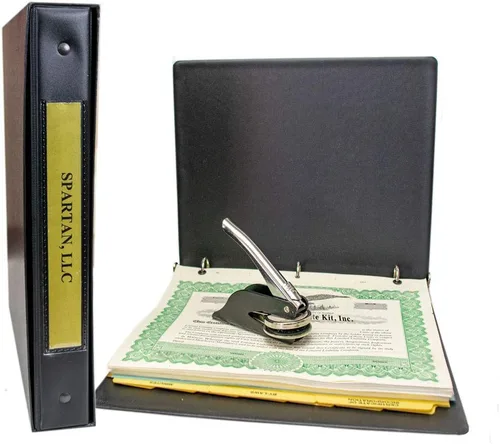 Vista 5 de Kit corporativo con PDF de actas y estatutos, Carpeta de registros negros con funda a juego, sello de empresa, certificados de acciones impresos