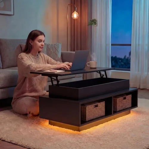 Vista 3 de YESHOMY Mesa de Centro Elevable de 40" con Almacenamiento Oculto y Luces LED Multicolor, Mesa Cuadrada Moderna de Madera con 4 Estantes Abiertos