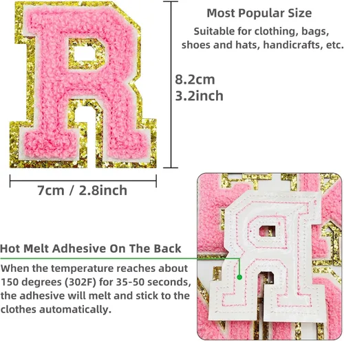 Vista 7 de Jongdari Letras termo-adhesivas de felpilla para ropa, parche del alfabeto con purpurina y adhesivo planchado, 26 unidades, color rosa