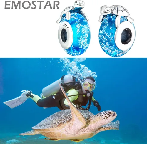 Vista 2 de Los dijes del océano marino se adaptan a la pulsera europea de animales de verano, delfines madresniños, tortuga sobre cuentas de vidrio azul, pez