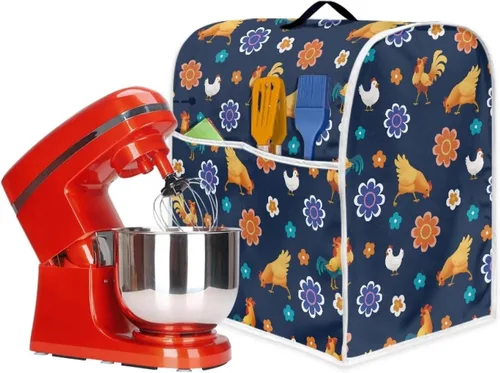 Vista 7 de Cubierta para batidora de pie a prueba de polvo con dibujos animados de pollo y flores para el hogar, cocina, decoración con mango y bolsillo