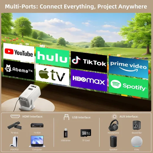 Vista 3 de Mini proyector, proyector portátil compatible con 4K, proyector para exteriores Full HD 1080P, proyector de película de rotación de 270°, compatible