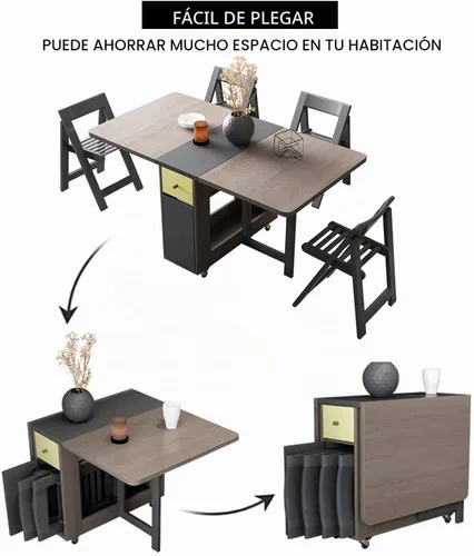 Vista 7 de FUNROLUX Drop Leaf Folding Dining Table with Storage, 2 Drawers, Grey Gris