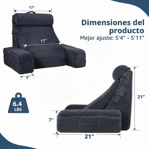 Vista 6 de Vekkia 21" Reading Pillow for Adults with Armrests and Adjustable Backrest Gris