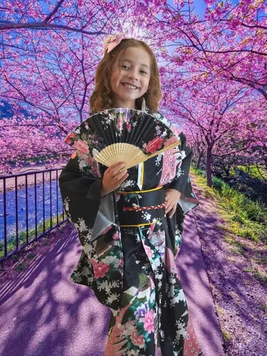 Vista 5 de Conjunto asiático kimono japonés para chicas y mujeres adultas CRB set de bata cinturón faja y abanico