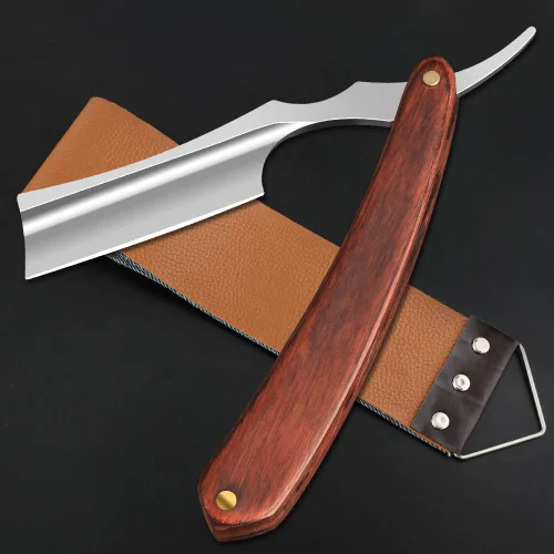 Vista 15 de Navaja de afeitar recta con estropajo - Afeitadora profesional de borde recto de acero inoxidable premium para barbero con estropajo para aseo