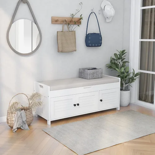 Vista 12 de SOFTSEA Banco de Almacenamiento Tapizado, Otomana de Almacenamiento con Cesta Removible y 2 Cajones, Banco de Zapatos de Estilo Granja con Cojín
