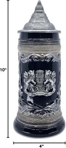 Vista 5 de OktoberfestHaus - Taza de cerveza con escudo de armas del Bayern alemán, escudo de armas con emblema de metal en color negro carbón con tapa