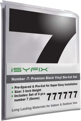 Vista 70 de iSYFIX Calcomanías de vinilo negro con el número 7 (siete), paquete de 6 calcomanías autoadhesivas de 7 pulgadas, calcomanías troqueladas y Negro