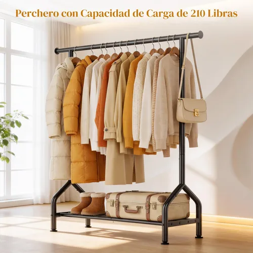 Vista 5 de EAGMAK Percheros resistentes con estante, perchero de metal con patas niveladoras para colgar ropa, perchero independiente para dormitorio, Negro