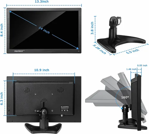 Vista 8 de Haiway Monitor de seguridad de 14 pulgadas, resolución de 1366 x 768, monitor de PC pequeño con altavoces integrados con puertos HDMI/VGA/BNC/AV