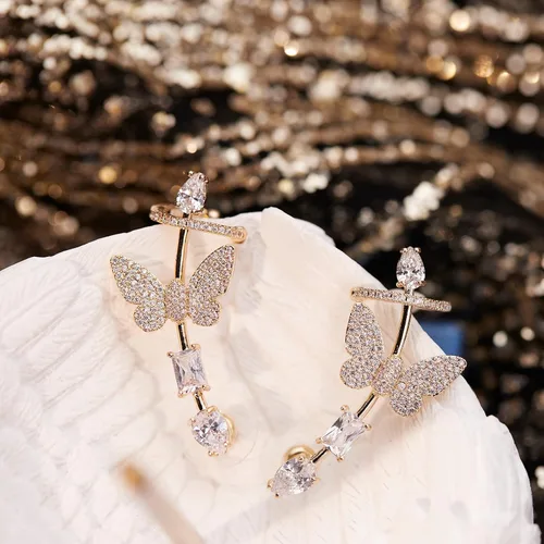 Vista 5 de Aretes de plata de ley 925 para mujer, aretes de mariposa para cartílago de oreja, aretes trepadores de oreja dorados, morados, circonita cúbica