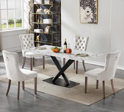 Vista 37 de Juego de 5 mesas de comedor, juego de mesa de cocina y comedor para 4, mesa de cocina rectangular de mármol sintético blanco de 47 pulgadas con base