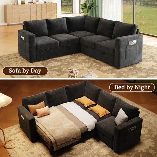 Vista 5 de Sofá modular de 85 pulgadas con cama extraíble, sofá modular de 5 asientos en forma de L con almacenamiento, sofás seccionales para sala de estar