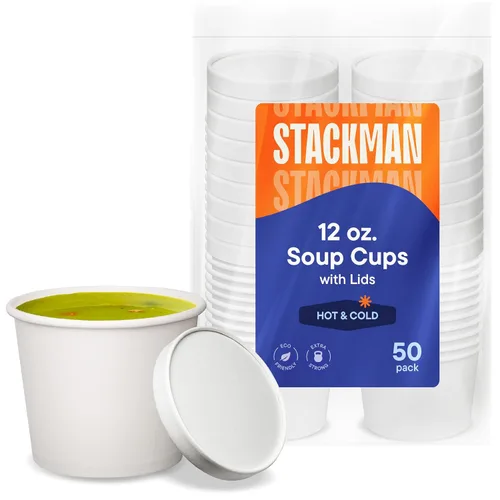 Vista 6 de Recipientes de papel ecológicos para alimentos con tapas, 8 onzas [50 juegos] tazas de sopa