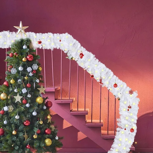 Vista 7 de CCINEE Guirnalda de Navidad artificial preiluminada de 9 pies, guirnalda de Navidad blanca a pilas con 50 luces LED cálidas, guirnalda de Navidad