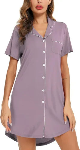 Vista 3 de Samring Camisón de pijama para mujer, manga cortalarga, con botones, camisón para dormir, camisón para novio, talla XXL