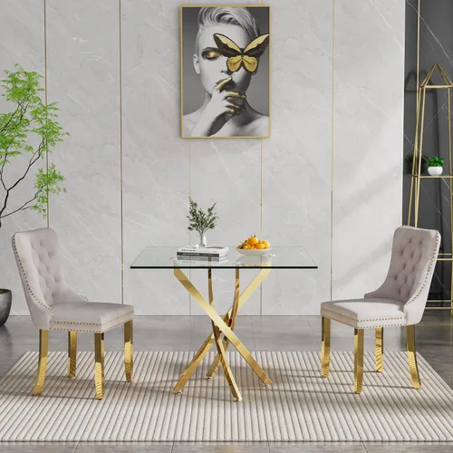 Vista 107 de Juego de mesa de comedor SSLine moderno de 3 piezas con mesa redonda de vidrio para 2, lujosa mesa de comedor circular de 36" con tapa de vidrio