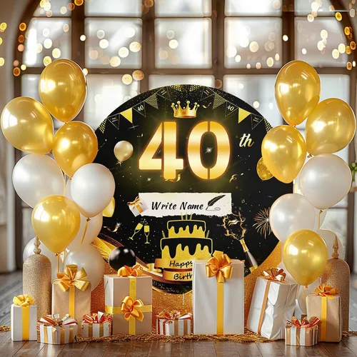 Vista 2 de Letrero luminoso de feliz cumpleaños de 40 años, decoración de fiesta para hombres, fondo de cumpleaños LED negro y dorado, carpa redonda, cartón
