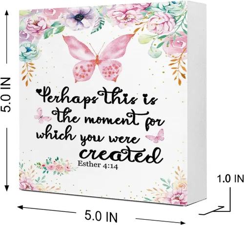 Vista 2 de Letrero de madera con texto en inglés "Quhaps This is The Moment for Which You Were Created de Esther 4:14, decoración de escritorio con versículo