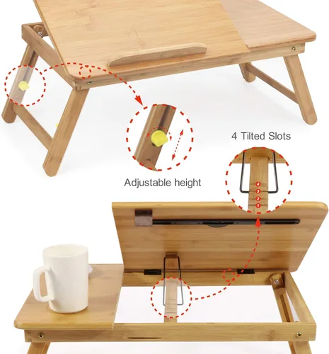 Vista 5 de Mesa de bambú para cama de hasta 17.7 pulgadas, plegable, para desayuno, tareas, estudio, lectura, comida, bandeja de alimentos