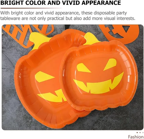 Vista 6 de Healifty 20 platos de calabaza de Halloween desechables para fiestas de otoño, lindos platos de diseño divertido para celebraciones de Halloween
