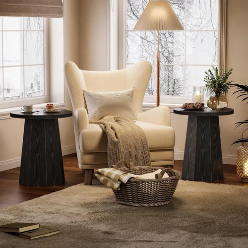 Vista 8 de Tribesigns Mesa Auxiliar Redonda de Estilo Rústico, Mesa Lateral de Madera para Sofá con Base Octagonal, Mesita de Noche Negra con Pedestal, Mueble