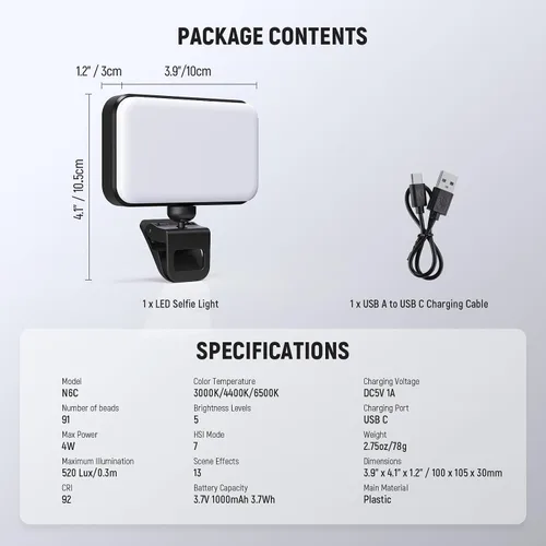Vista 9 de NEEWER Versión de Nivel de Entrada Luz LED RGB Selfie, 91 LEDs Luz de Relleno para Teléfono con Clip Plástico para iPhone, 20 Efectos CRI92 1000mAh