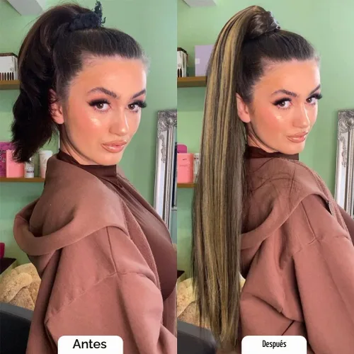 Vista 4 de Extensión de cola de caballo larga y recta, cola de caballo con clip, 32 pulgadas, resistente al calor, sintético, cola de caballo de color marrón a
