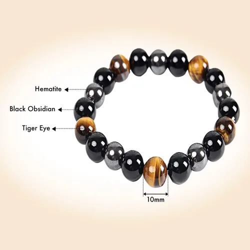 Vista 5 de Bombay - Pulsera de triple protección con cristales de hematita, obsidiana negra, ojo de tigre, pulseras de piedra para hombres, mujeres y parejas