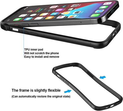 Vista 6 de Funda delgada de metal compatible con iPhone 12 12 Pro, funda de parachoques de metal con interior de TPU suave [sin interferencia de señal] Negro