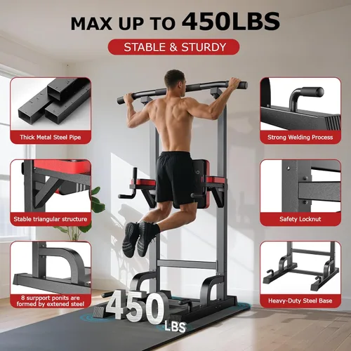 Vista 4 de Pooboo Power Tower Dip Station Pull Up Bar for Fitness Home Gym Workout,450 Pounds Multi-Function Adjustable Height Fitness Strength Training