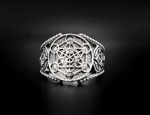 Vista 4 de Anillo Metatron Cube Geometría Sagrada de Plata de Ley 925 para hombre