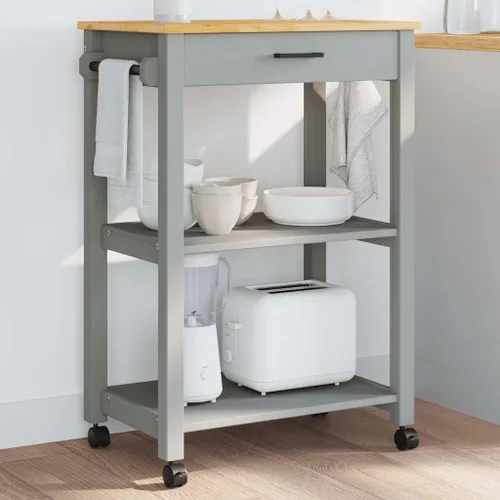 Vista 2 de Solid Wood Pine Kitchen Trolley with Drawer 23.6x15.7x34.8 Inches 4 Wheels With 2 Lockable, Side Hanger And Metal Hooks, 2 Open Shelves, For Kitchen